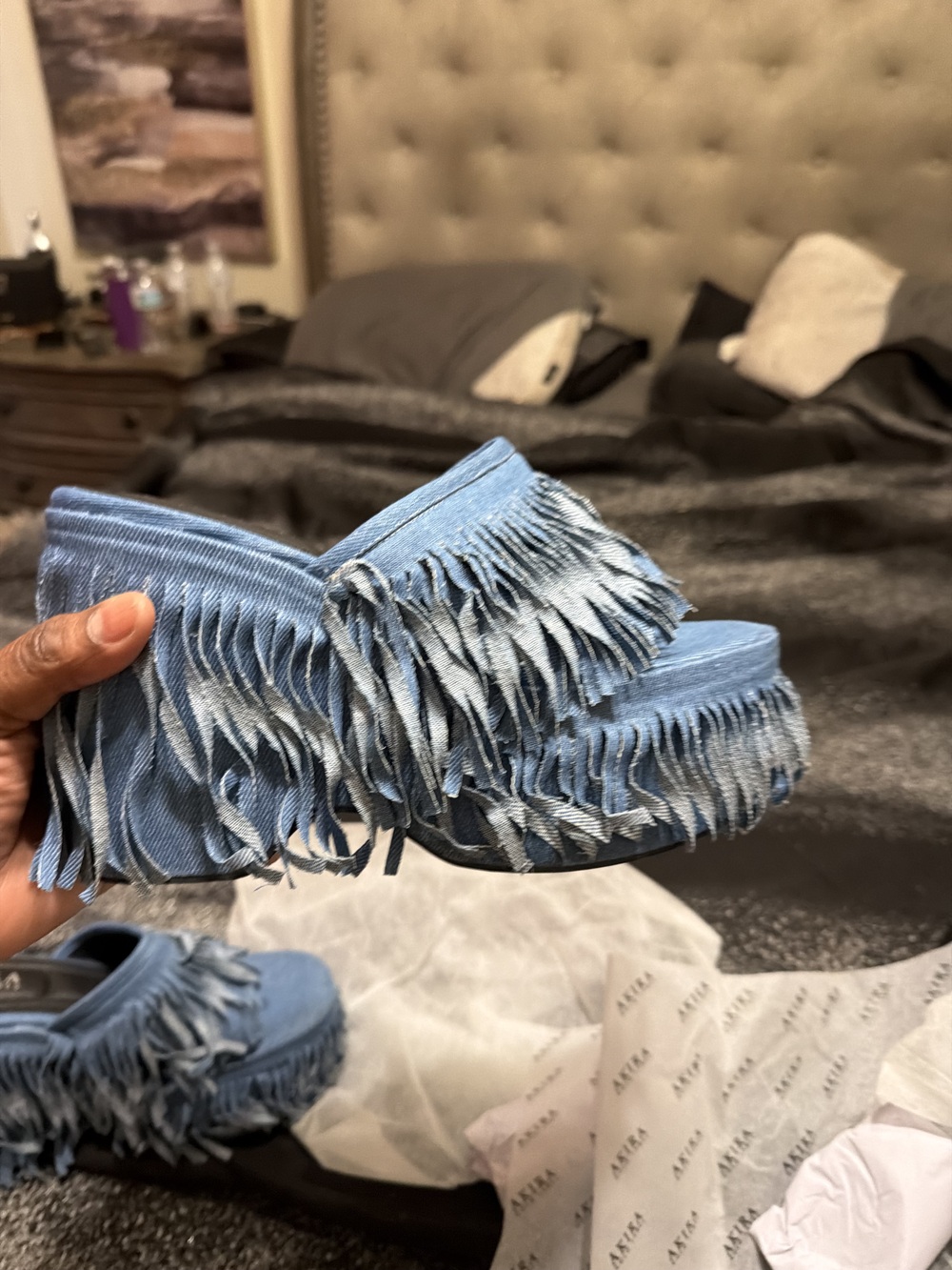 AKIRA AKIRA GOLD RAMESHA DENIM FRINGE PLATFORM SANDAL Size 99